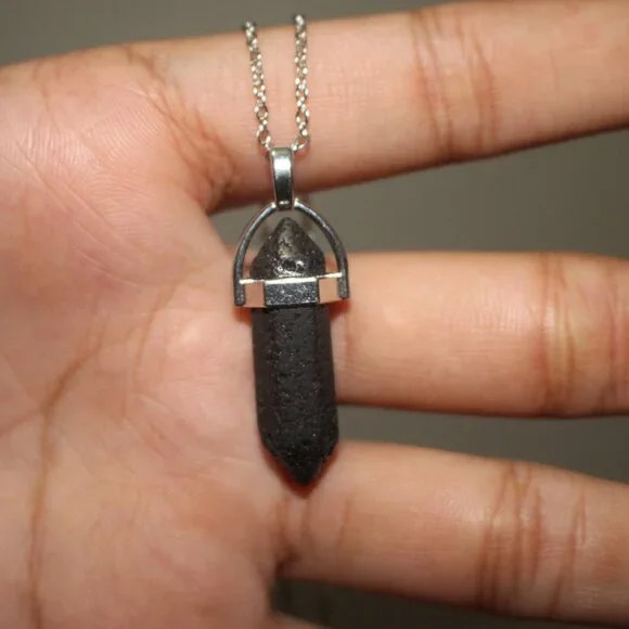Black Lava Stone Hex Crystal Pendant Necklace – Silver Tone Chain - Picture 5 of 8